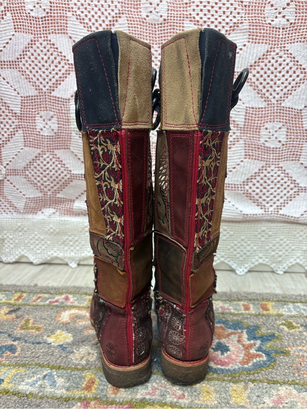 Timberland Limited Edition Patchwork Leather Boots Size 7M Y2K Boho - Picture 9 of 12